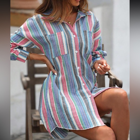 Colorful Striped Print Button Down Shirt Dress WITHOUT BELT - Picture 8 of 9